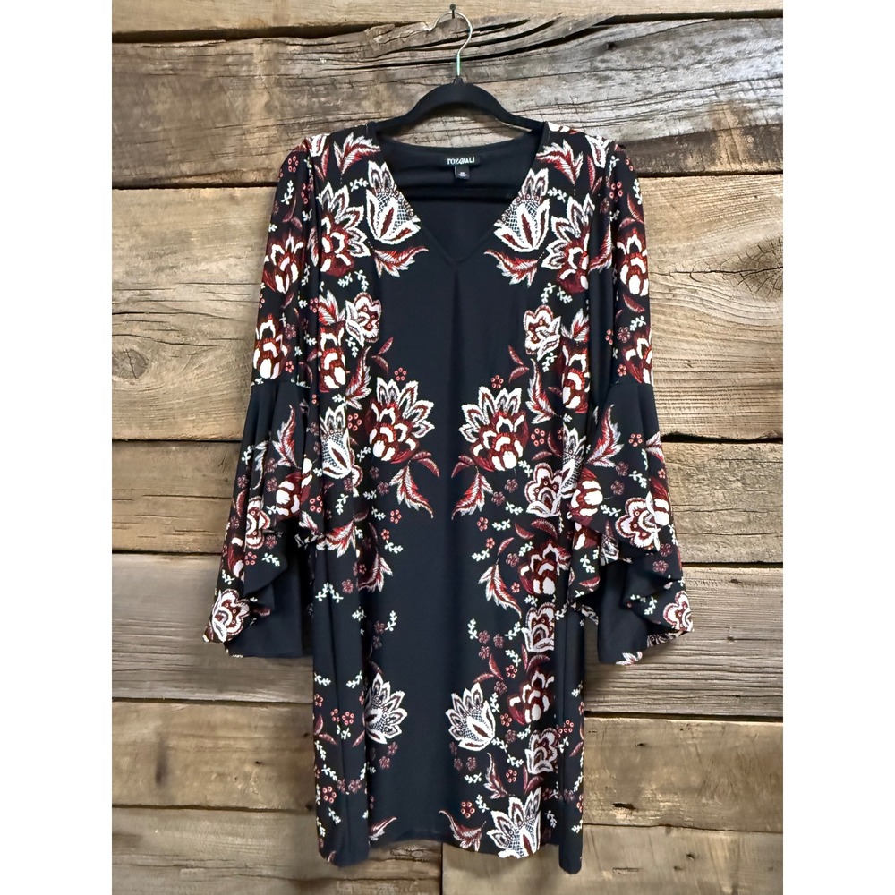 Roz & Ali Floral Paisley V-Neck Bell Sleeve Shift Dress Black Red XS